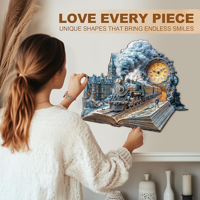 WOODBESTS Wooden Puzzles for Adults-Chrono Train, 100 Pieces Wood Puzzle (S-8.5 * 7.4in), Premium Art Shape Wooden Animal Jigsaw Puzzles, for Men/Women & Family Game Night