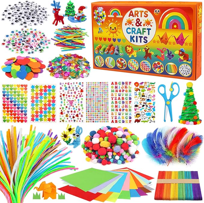 DOITEM Pipe Cleaners Craft Supplies, Arts and Crafts Supplies Including Pipe Cleaner Wiggle Googly Eyes Pom Poms Feathers Sticks Sequins for Kids Over 8 Years Old