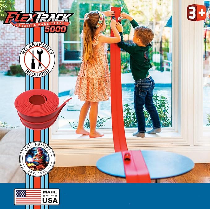FlexTrack 5000 Flexible Race Car Track for Kids Toy with Suction Cups Compatible with Hot Wheels and Diecast 1/64th Cars and More 15 Feet Long Rolls Up Portable Racetrack (Rocket Red)