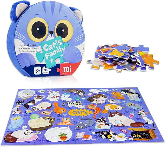 TOI Cats Puzzle for Kids Ages 3-5, 200 Pieces Jigsaw Puzzles for Toddlers with Cat-Shaped Portable Box, Preschool Learning Cat Game for Boys & Girls Gift