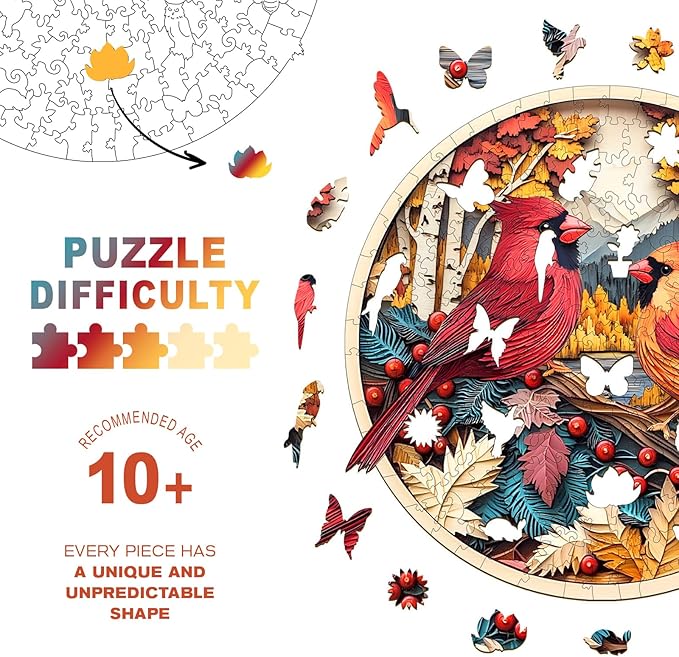 Wooden Puzzles for Adults - Autumn Cardinal Wooden Jigsaw Puzzle, Unique Animal Shaped Wood Puzzles Adult, Christmas Birthday Gifts for Friends/Family, Home Decor 8.5 * 8.5in 100pcs