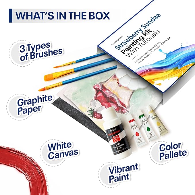 Painting4Real DIY Painting Class Kit for Adults with Video Tutorials: Learn to Paint Strawberry Sundae – How to Paint with Acrylics – Painting & Art Supplies – 9 Piece Acrylic Paint Set