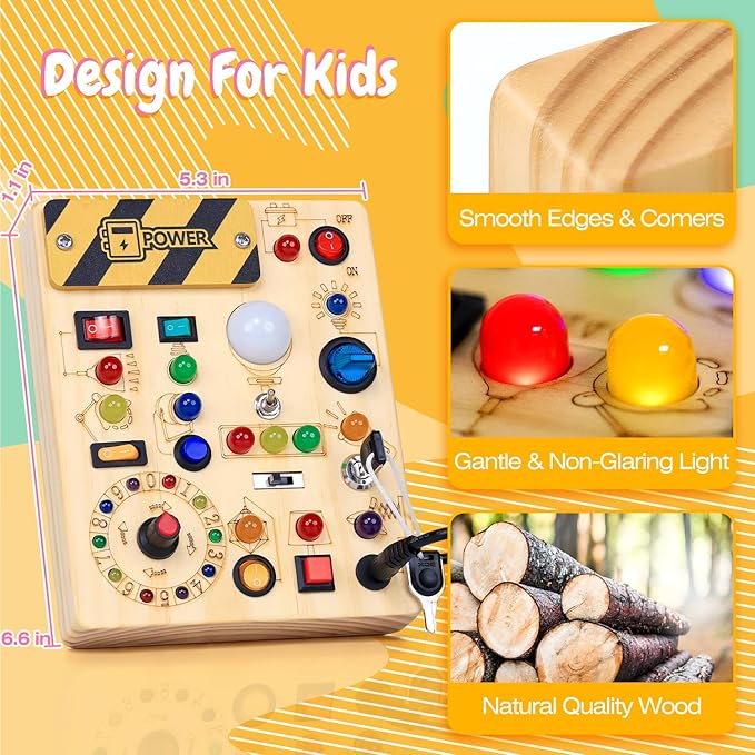 Busy Board with LED Light Switches, Montessori Toys for 1 2 3 Years Old, Toddlers Wooden Toy Sensory Activity Board, Travel Toys for 1+ Year Old Boy & Girl Birthday Gift