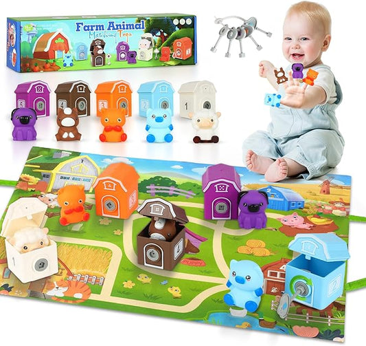 Toddler Learning Toys for 2 3 4+ Year Olds, Counting, Matching & Sorting Montessori Toy with Farm Animals, Playmat, Finger Puppets, Shape Keys and House, Easter Christmas Birthday Gift for Boys Girls