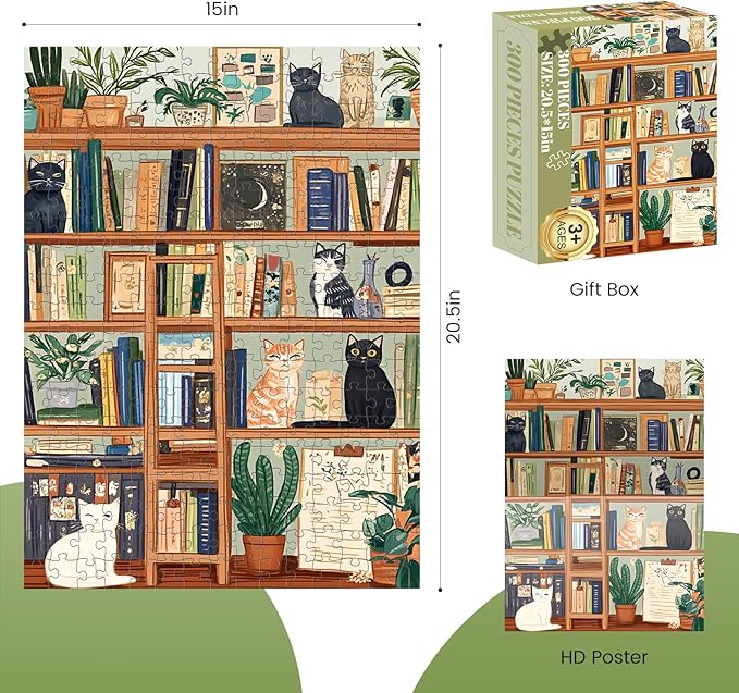 300 Piece Puzzles for Adults, Charming Cat Bookshelf Jigsaw Puzzle, Cozy and Relaxing 300 Piece Puzzle, Perfect for Family Time, Stress Relief, Home Wall Decor, Great Gift for Adults, Kids, Seniors