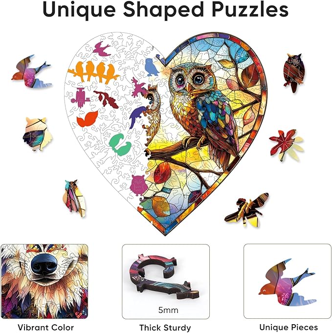 Ruikiyart Wooden Puzzles for Adults, 5MM 200 Pie ces Glass Owls Wooden Jigsaw Puzzles, Birds Unique Shaped Puzzle Gifts for Adults and Kids on Thanksgiving, Family Puzzle Games(11.2"*11.2")