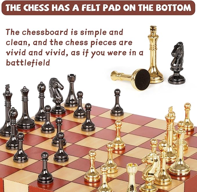 Metal Chess Set for Adults & Kids with Metal Chess Pieces –Wooden Chess Board Game with Portable Storage Case, Classic Strategy Family Board Game Gift Travel Chess Set