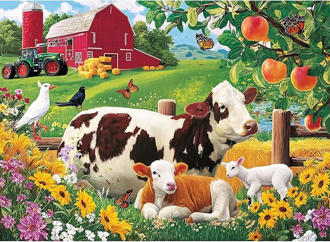 300 Pieces Puzzle for Adults, Countryside Farm Puzzle for Adults Children, Cow Family and Apple Tree Jigsaw Puzzle 300 Pieces, Fun and Challenging Family Game Great Gift Idea, 20.5 * 15 in