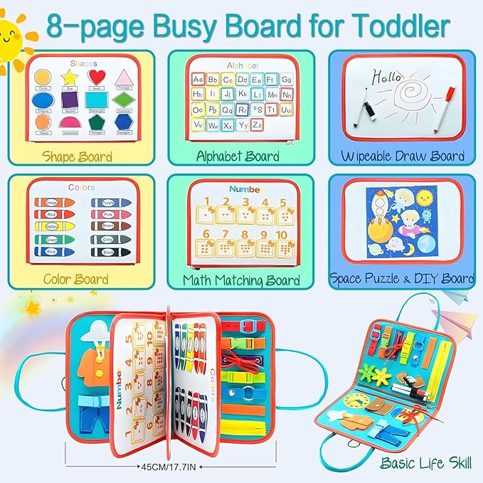 Busy Board for 1 Year Old Sensory Toys for Toddlers 1-3 Montessori Learning Busy Book for Boys Girls Preschool Toys Gift (Green)
