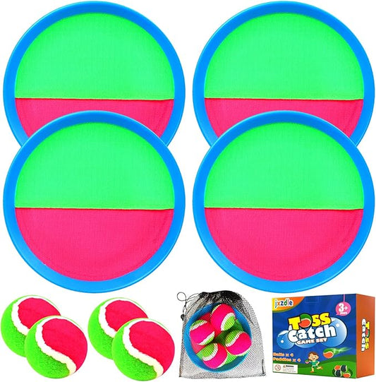 Toss and Catch Game Set - 4 Paddles, 4 Balls and 1 Storage Bag - Great Outdoor Toys/Gifts for Kids - Classic Beach and Yard Games (Green and Red)