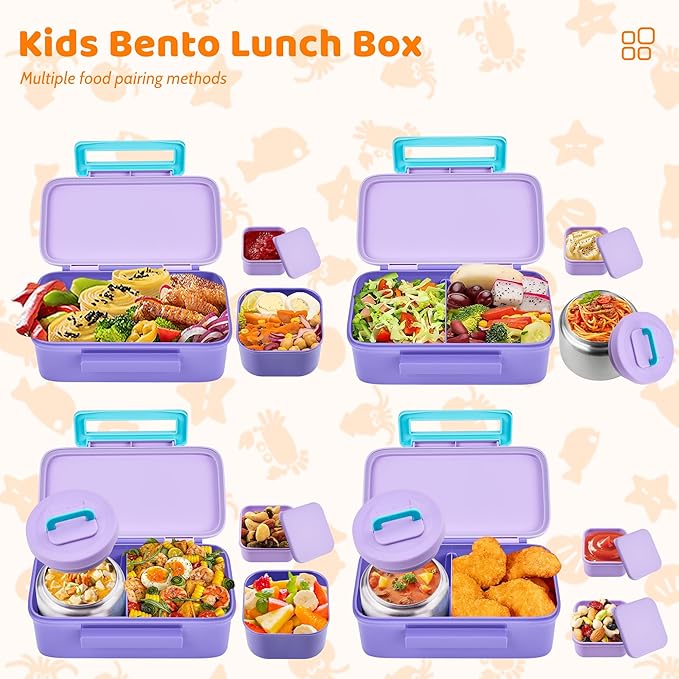 Lunch Box for Kids With 8oz Soup Thermo, Leak-proof Lunch Container with 2 Compartments, Thermo Food Jar Food Containers for Back to School Girls Boys (Purple)