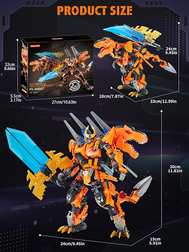 T-Rex Mech 2-in-1 Building Set, Cool Transforming Building Blocks Toy, Compatible with Lego, Dinosaurs Park Kit with Transform Robot, Birthday for Kids Boys, Adult Age 8-12 (T-Rex)