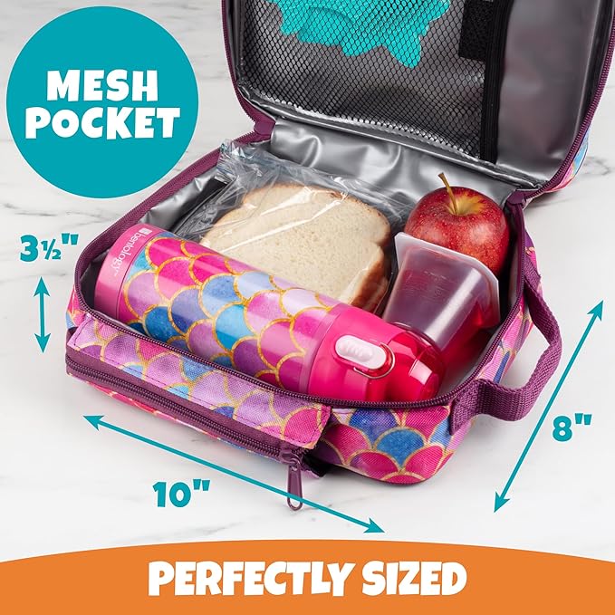 Bentology Kids Lunch Bag Set w Matching Reusable Water Bottle & Hard Ice Pack- Pink Purple Mermaid- Insulated Tote, Stainless Steel Insulated Thermos, Hard Ice Pack- Back to School Lunchbox Kits