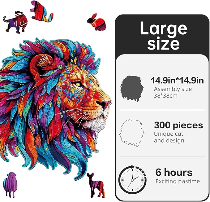 Wooden Puzzle for Adults,Lion Jigsaw Puzzles 300 Piece,Thanksgiving Birthday Gifts Family Game,Unique Shape Puzzle Challenge 14.9 x 14.9 Inch