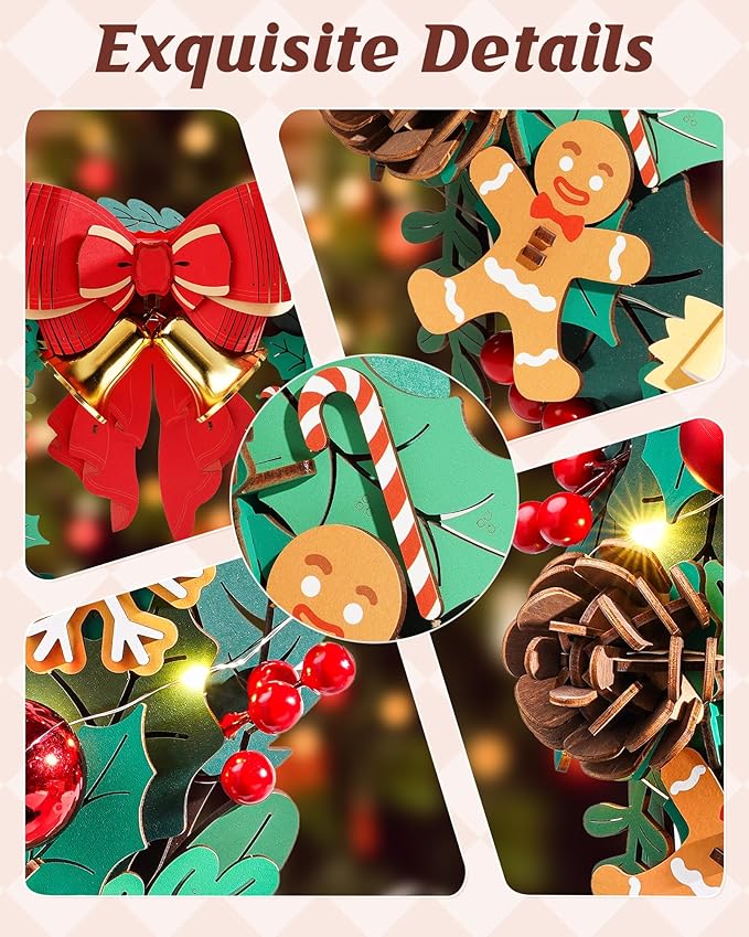 Rolife 3D Puzzles for Adults Christmas Wreaths for Front Door, Artificial Eucalyptus Wreath for All Seasons, Indoor and Outdoor Wreath with Red Bow&Golden Bell, LED for Christmas Decor (16in, 252pcs)