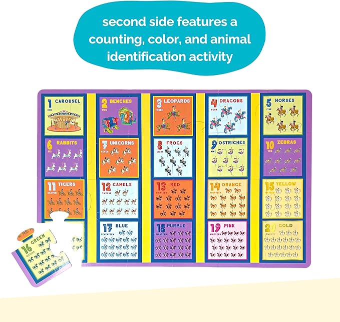 Joyful Carousel Animals Numbers and Colors - 24 Piece 2-Sided Beginnger Puzzle,Toddler Boy,Girl, Ages 3-5, Counting Activity with African American-Diverse Children at Play