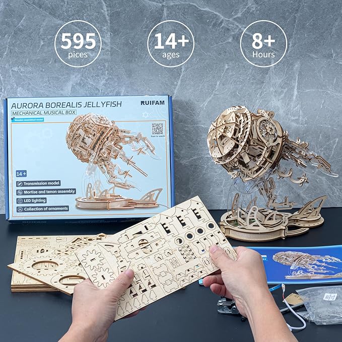 3D Wooden Puzzles for Adults, 3D Puzzle Model Aurora Jellyfish Toys Building Kits, DIY Wood Crafts Cool Toy Hobbies for Men Women, Creative Assembly Gifts