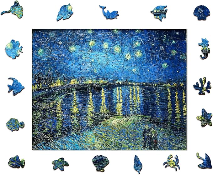 Wooden Jigsaw Puzzles, Wooden Puzzles for Adults, Starry Night Over The Rhone Unique Shape Wood Puzzles, 200 Pcs, Vincent Van Gogh Star Wall Art Decoration for Home