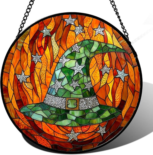 Stained Glass Window Hanging - Halloween Decorations Witch Hat Suncatcher for Doors Garden Indoor Spooky Funny Green Sun Catchers Gothic Decor Horror Gifts for Women Men Friend 7.8 in