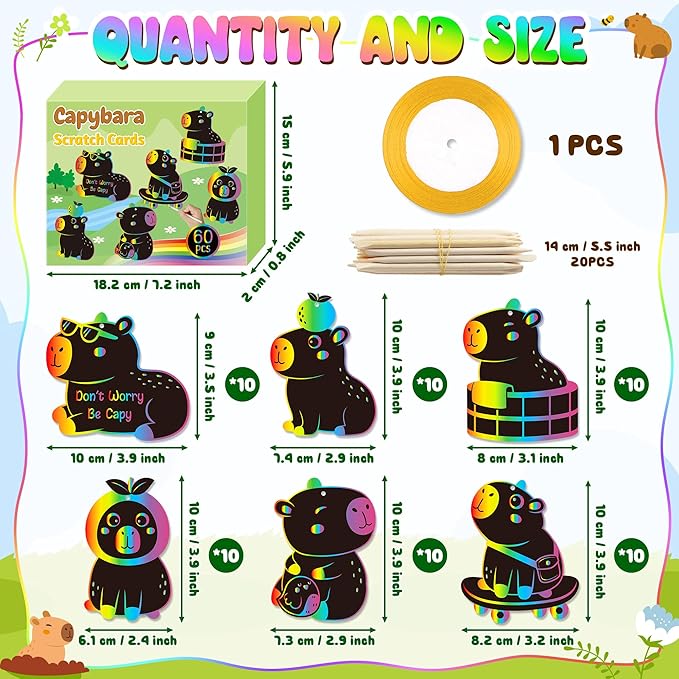 CY2SIDE Capybara Scratch Cards Ornaments - 60PCS DIY Fun Animal Scratch Paper Art for Kids School Activity, Cute Cartoon Kawaii Capybara Magic Art Rainbow Color Craft Decorations for Party Supplies