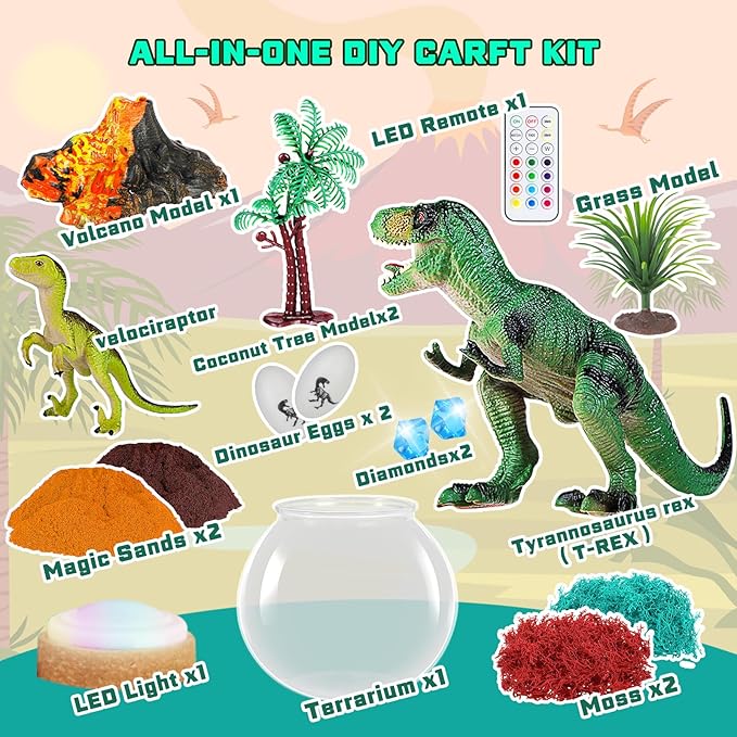 RONSTONE Dinosaur Terrarium Kit for Boys - Dinosaur Toys for Kids - DIY Your Own Light Up Terrarium Kit World - Christmas Birthday Dinosaur Gifts for Boys and Kids 5-7