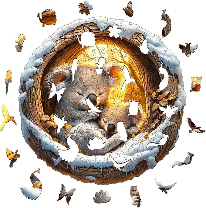KAAYEE Wooden Puzzles for Adults, 3D Visual Effect Sleeping Koala Wooden Jigsaw Puzzle Unique Shape Wood Puzzle Adult, 3D Effect Flat Puzzle Birthday Family Games (M-11.4 * 11.4 in-200pcs)