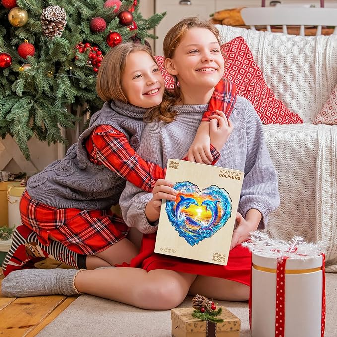 Wooden Puzzles for Adults - Heartfelt Dolphins Wooden Jigsaw Puzzle, Unique Animal Shaped Wood Puzzles Adult, Christmas Birthday Gifts for Friends/Family, Home Decor 13.4 * 13.1in 250pcs