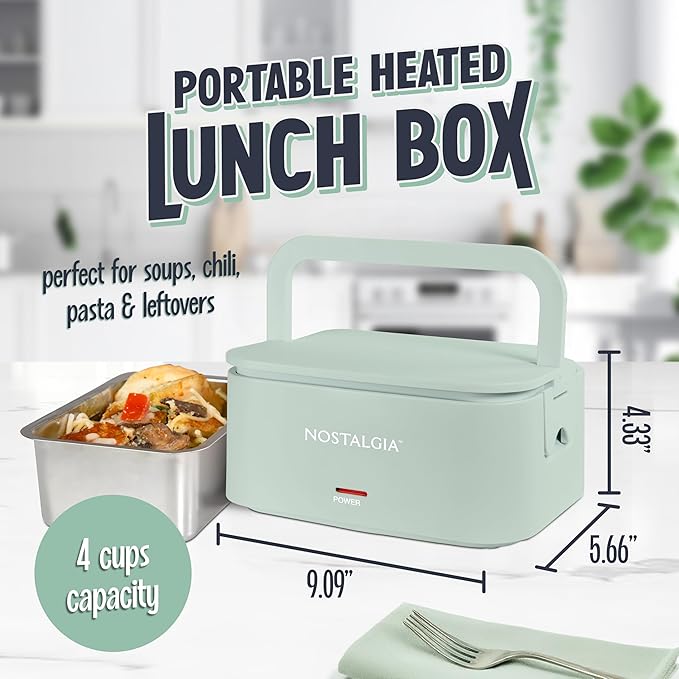 Nostalgia 32-Ounce Heated Electric Lunch Box – Travel Size 4 Cup Capacity for Soup, Pasta, and Leftovers – Leak-Proof Silicone Sealed Lid, Foldable Carry Handle, Detachable Cord – Sage