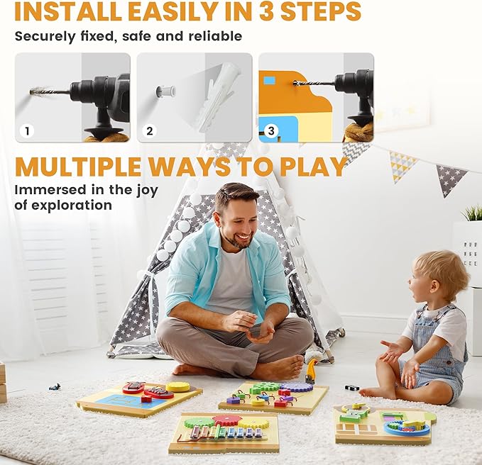 BlueWood School Bus Wall Busy Board Panels, Toddler Learning Activity Center, Montessori Philosophy Sensory, Educational Toys, Conducive to All-Round Development