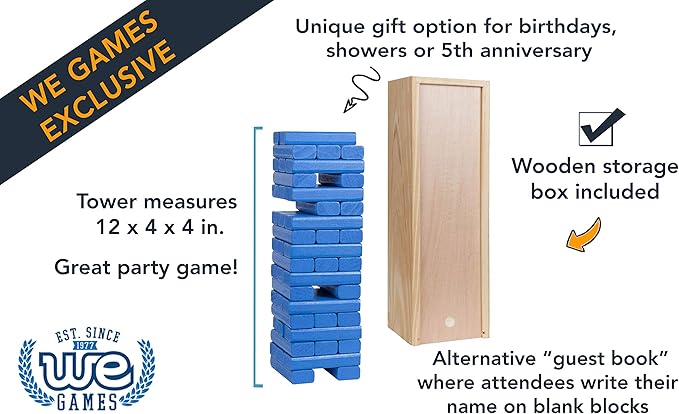 WE Games Wooden Block Stacking Party Game for Adults, Tumble Tower Wedding Guest Book Alternative, Tabletop Games, Includes Storage Case, 12 inches
