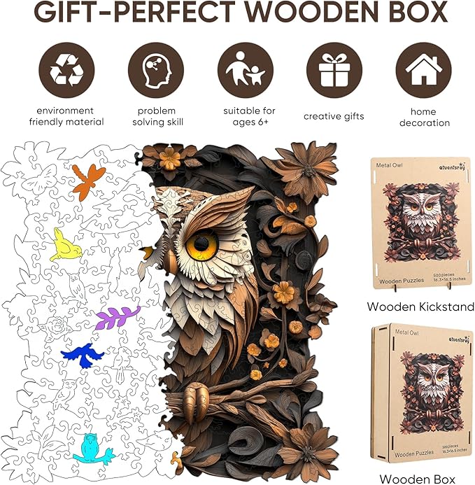 Wooden Puzzles for Adults 500 Pieces, Metal Owl Jigsaw Puzzles, Unique Shape Adult Puzzles, Irregular Christmas Thanksgiving Gifts for Family Friend(16.5 * 16.3 in)
