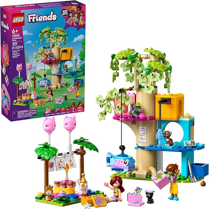 LEGO Friends Cat Birthday Party & Tree House Building Toy - Pretend Play Building Blocks W/Cat Toys & 2 Minidolls - Creative Storytelling Kids Toy for Girls and Boys, 9+ - Birthday Gift Idea- 42666
