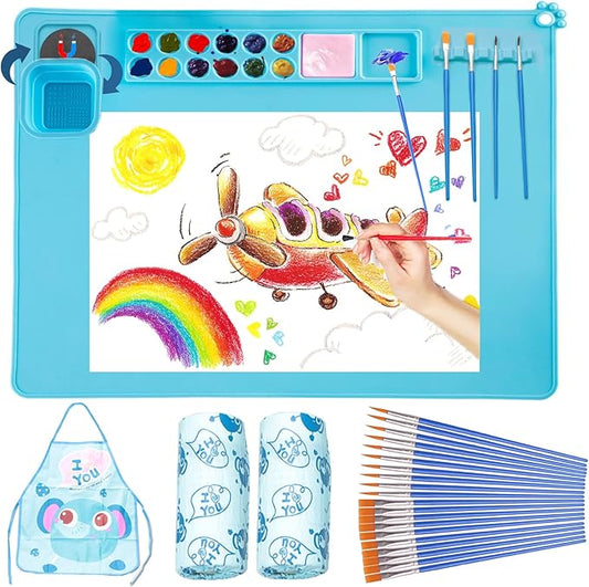 Painting Stations,Silicone Art Mat [1x Apron,1 Pair Oversleeve,20 Pieces Brushes] Painting Craft Mats 21"X17" with Detachable Cup for Resin for Kids Gift,Paint, Clay, DIY Projects
