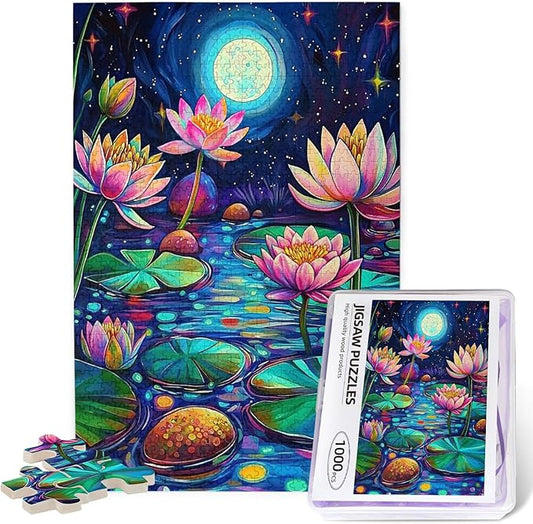 Waterlilies by Moonlight 1000 Piece Jigsaw Puzzle for Adults Waterlilies by Starry Night 1000 Piece Jigsaw Puzzle Waterlily 1000 Pieces Stained Glass Puzzle Stained Glass Puzzle with Flowers