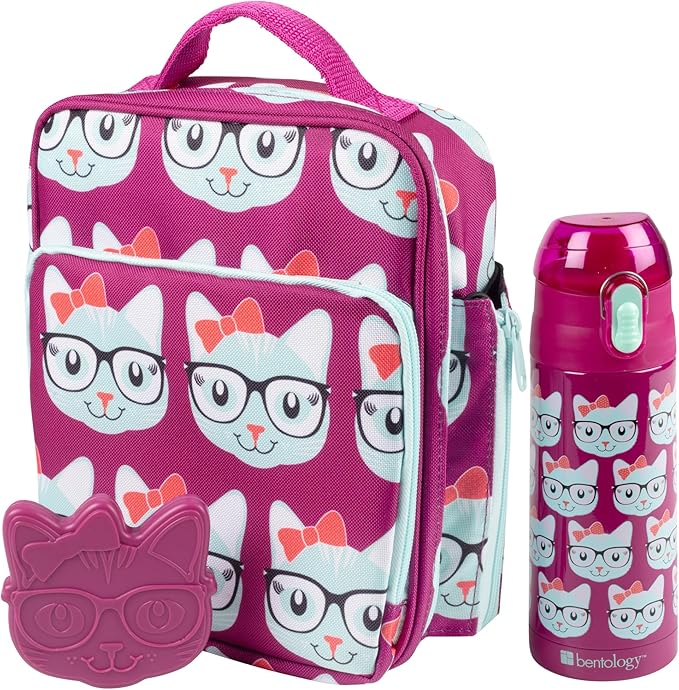 Bentology Kids Lunch Bag Set Pink Kitty- Thick Padded Handle, Insulated Tote, Reusable Hard Ice Pack & Insulated Stainless Steel Water Bottle- Keeps Lunch Fresh Longer, Back to School Lunchbox Kits