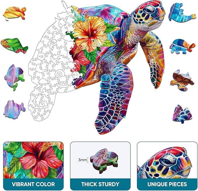 Wooden Jigsaw Puzzle, 200 Pcs Unique 3D Shape Jigsaw Puzzles, Wood Puzzle Gift Box Packing, Medium Size Letter, Creative Gift for Adults and Kids, Fun Challenging (EA4Turtle, 200PCS)