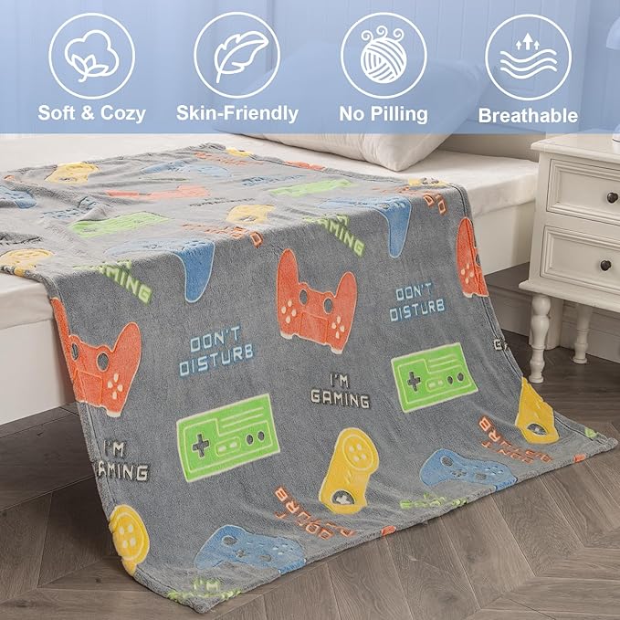 Gaming Blanket Gifts Toys for Boys - Glow in The Dark Game Controller Gamer Throw for Kids Age 1-14 Year Old Teens Child Toddler Son Birthday Christmas Valentines Easter Party Favors Presents 50"x60"