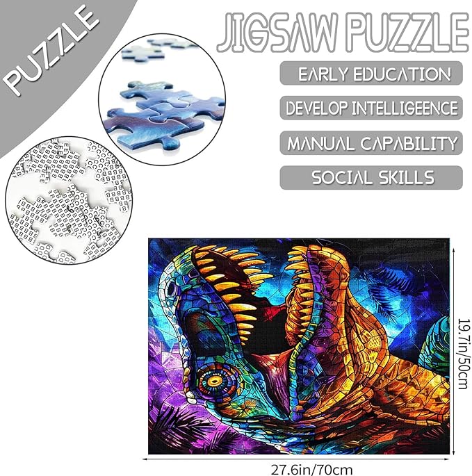 Glass Dinosaur Jigsaw Puzzle，T-Rex 1000 Pieces Jigsaw Puzzles for Adults，27 x 20 Inches Puzzles for Families，HD Quality Stained Glass Dinosaur Photo Puzzle Gift，Family Activity Perfect for Game Nights