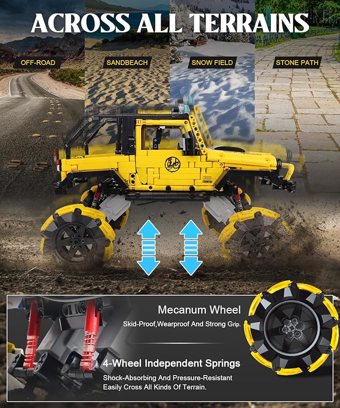Off-Road Car Building Kits with Remote Control for Adults,Technic Pickup Truck Building Blocks Toys,STEM Engineering Gift for Mens,Boys,Kids-1490PCS(Yellow)