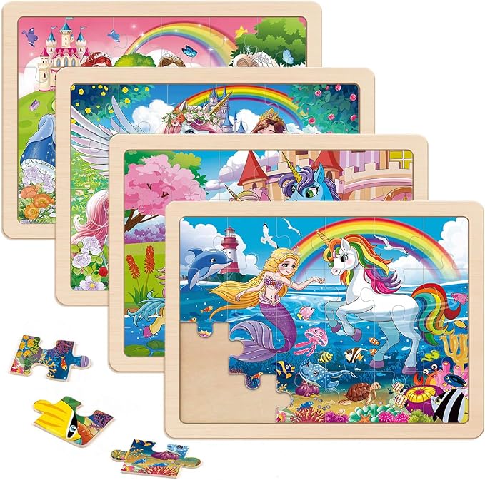 Wooden Puzzles for Kids Ages 4-6, 4 Packs 24 PCs Unicorn Mermaid Princess Jigsaw Puzzles, Preschool Educational Puzzles Toys Gifts for Girls 3 4 5 6 Years Old.