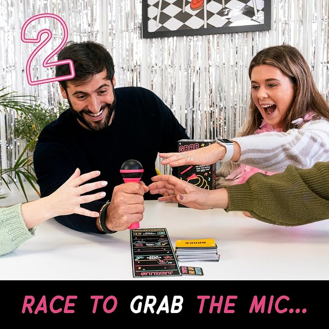 Lucky Egg Official Grab The Mic – Family Karaoke Board Game w/Foam Mic, 8+ Ages, 2-10 Players - Games for Bad Singers w/ 250 Lyrics (125 Cards) for Hilarious Game Nights & Birthday Party, Kids Gift