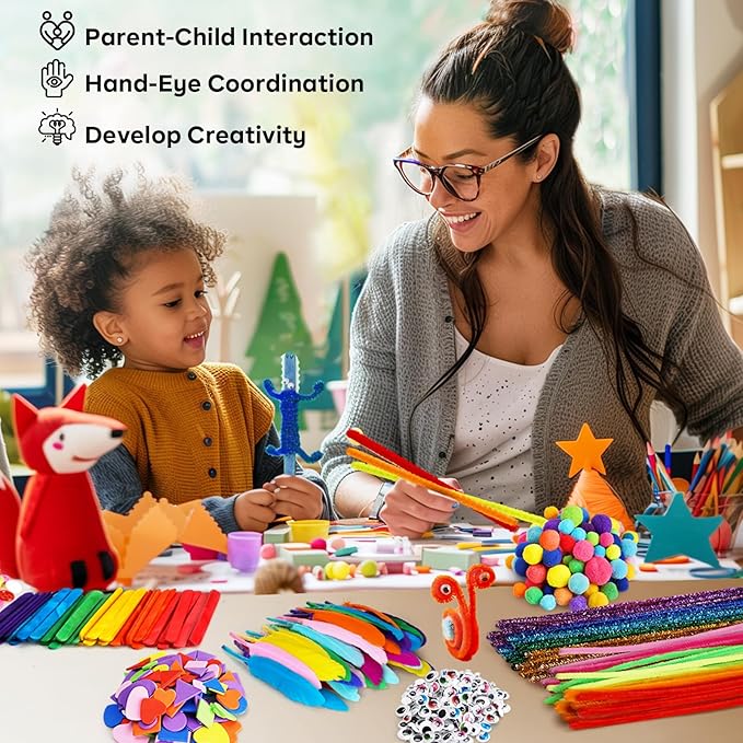 FUNZBO 2000Pcs+ Arts & Crafts Supplies Kits for Kids, DIY Craft Supplies for Toddlers Art Supply Tools Set Include Pipe Cleaners,Pom Poms and Feather, Crafts Birthday Gifts for Kid Girls Ages 4-8-12