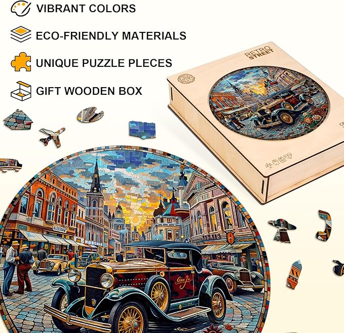 Jigfoxy Wooden Puzzle for Adults, Retro Cars Jigsaw Puzzles for Adult, Unique Animal Shape Wood Cut Puzzles, Christmas Thanksgiving Gifts for Friends Family (S-8.5 * 8.5in-100pcs)