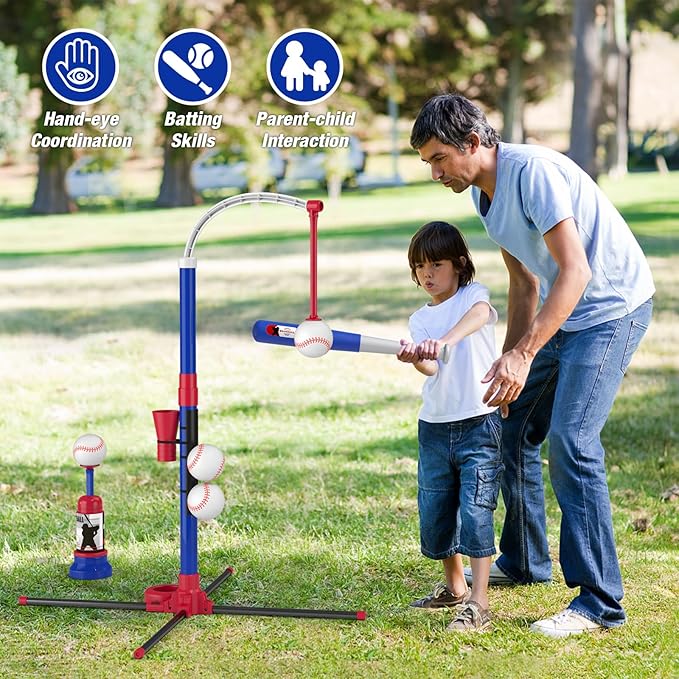 3-in-1 Baseball Set for Kids 3-5 - Tee Ball Stand, Hanging Tee, Ball Launcher and 6 Softballs - Adjustable Height, Indoor/Outdoor Sport Gifts for Boys Girls, Blue