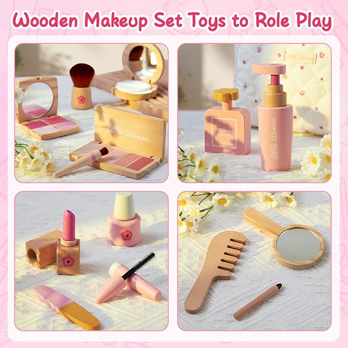 Lonico Wooden Makeup Toy Set for Girls Pretend Play Makeup Kit for Toddlers 3-5 with Eyeshadow/ Mascara/ Perfume/ Blush/ Mirror/ Bag, Birthday Gifts for Girls Toys Kids Aged 3 4 5 6 7 8