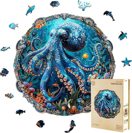 Wooden Puzzles for Adults, Mystic Tentacles Wooden Jigsaw Puzzle, Wood Puzzles Adult, Unique Shaped Octopus Puzzle for Adults, Fun Gifts & Home Decor (M-11.4 * 11.4in - 200 pcs)