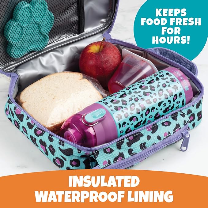 Bentology Kids Lunch Bag Set w Matching Reusable Water Bottle & Hard Ice Pack- Blue Purple Cheetah Cat- Insulated Tote, Stainless Steel Insulated Thermos, Hard Ice Pack- Back to School Lunchbox Kits