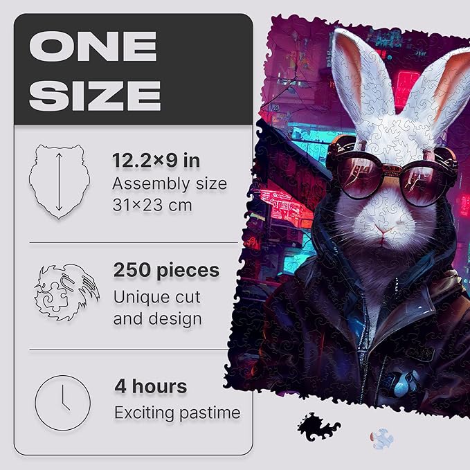 UNIDRAGON Original Wooden Jigsaw Puzzles - Pop Art Cyber Rabbit, 250 pcs, 12.6"x 9", Beautiful Gift Package, Unique Shape Best Gift for Adults and Kids