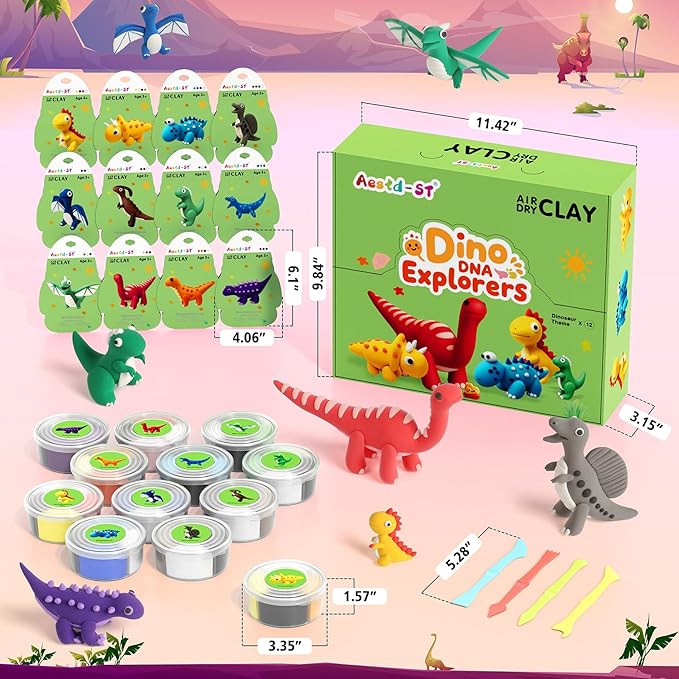 Air Dry Clay Kit - Dinosaur Theme, Modeling Clay for Kids, DIY Model Magic with Sculpting Tools and Tutorials, 12 Boxes Molding Clays, Ultra Light, Soft & Non-Sticky, Arts and Crafts Gift for Kids