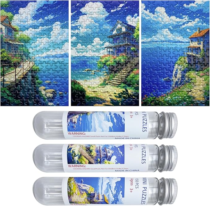 150 Pieces Mini Jigsaw Puzzles for Adults & Kids,6 x 4 Inches, Mini Puzzles, Travel Puzzle,Small Micro Puzzles, Challenging Difficult Puzzle,3 Pack Seaside Hut